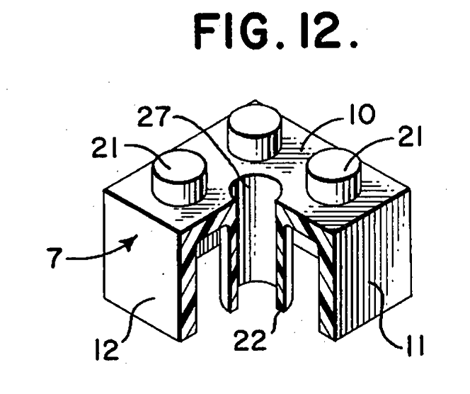 Patent Fig. 12: cut-away square brick with a hole through its tube