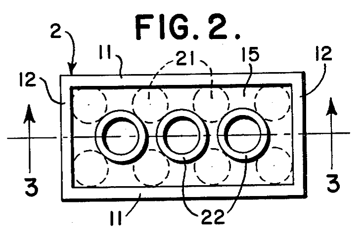 Patent Fig. 2: plan view of the underside, three tubes among dashed stud outlines