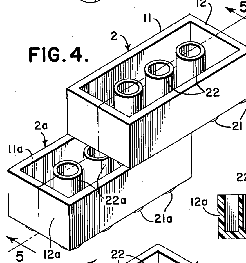 Patent Fig. 4: two bricks coupled at an offset, one shifted half its length along the other.
