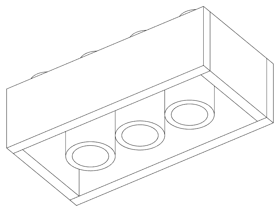 Line render of a 2×4 brick from below showing three tubes