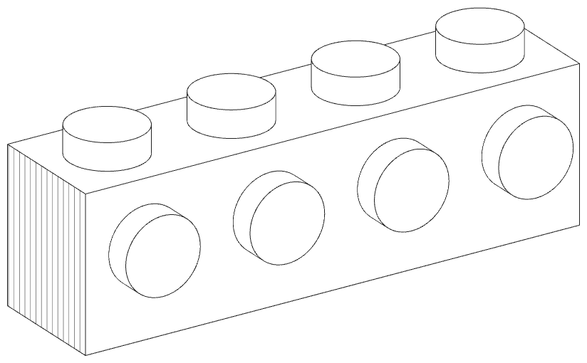 Line render: a 1×4 brick with four studs on top and four more on its side