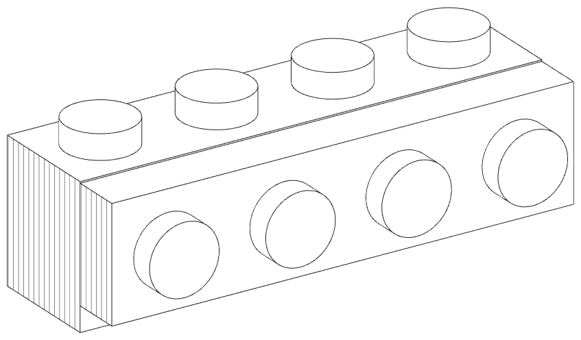 Line render: the same brick with a 1×4 plate attached to its side studs, the plate's own studs facing sideways