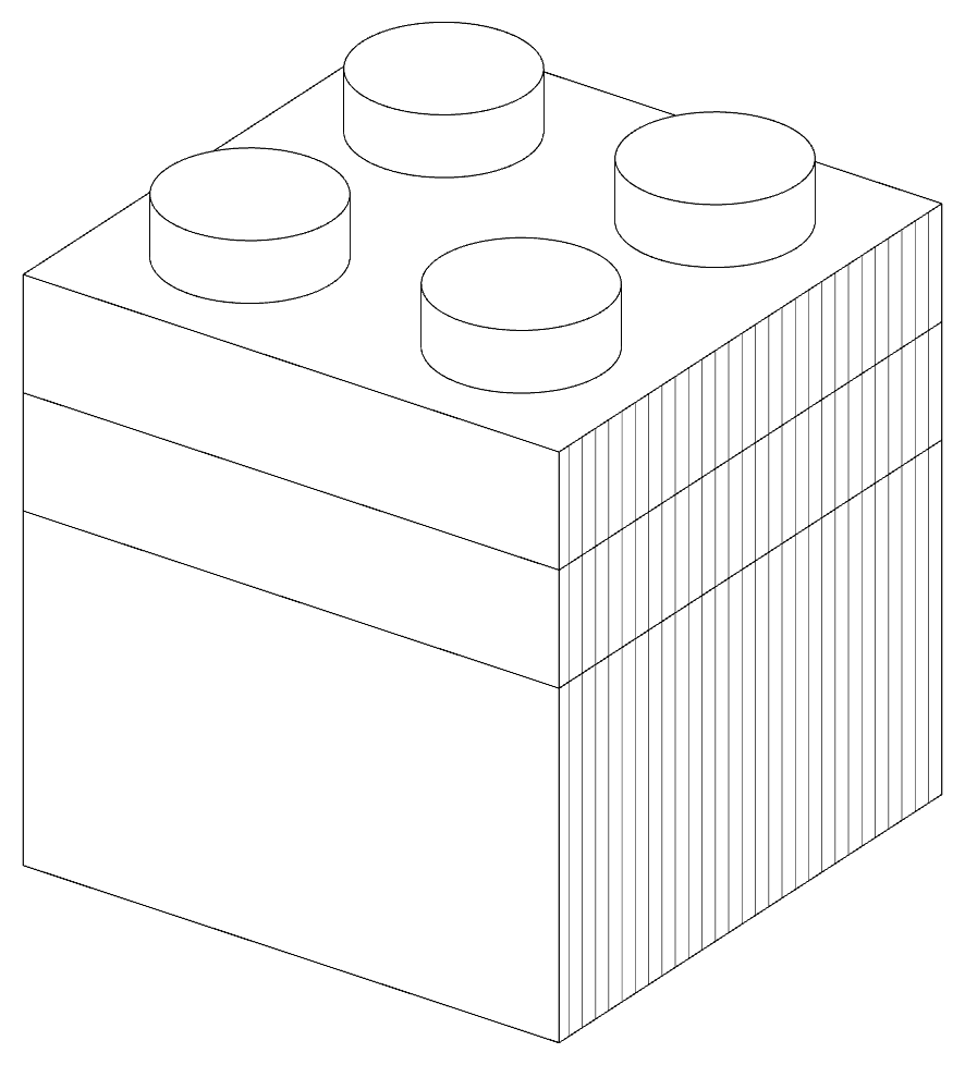 Line render: a 2×2 brick with two 2×2 plates on top, forming a cube