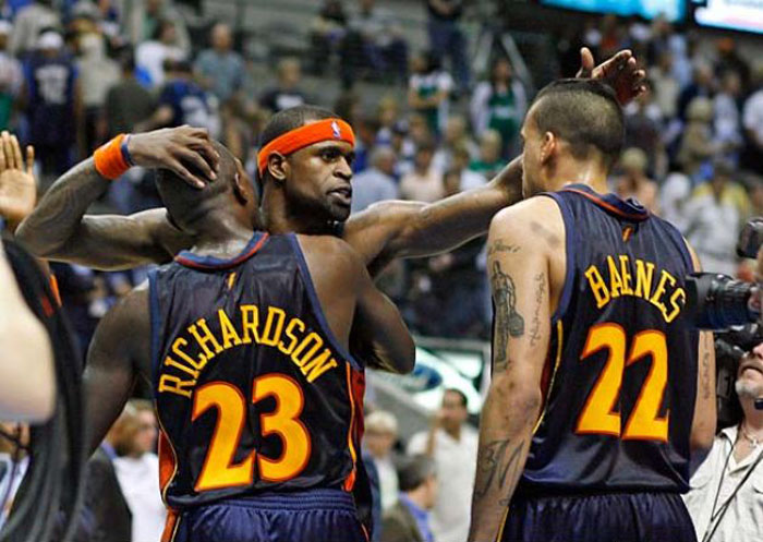 Matt Barnes celebrating with Jason Richardson and Stephen Jackson on the 2007 Warriors